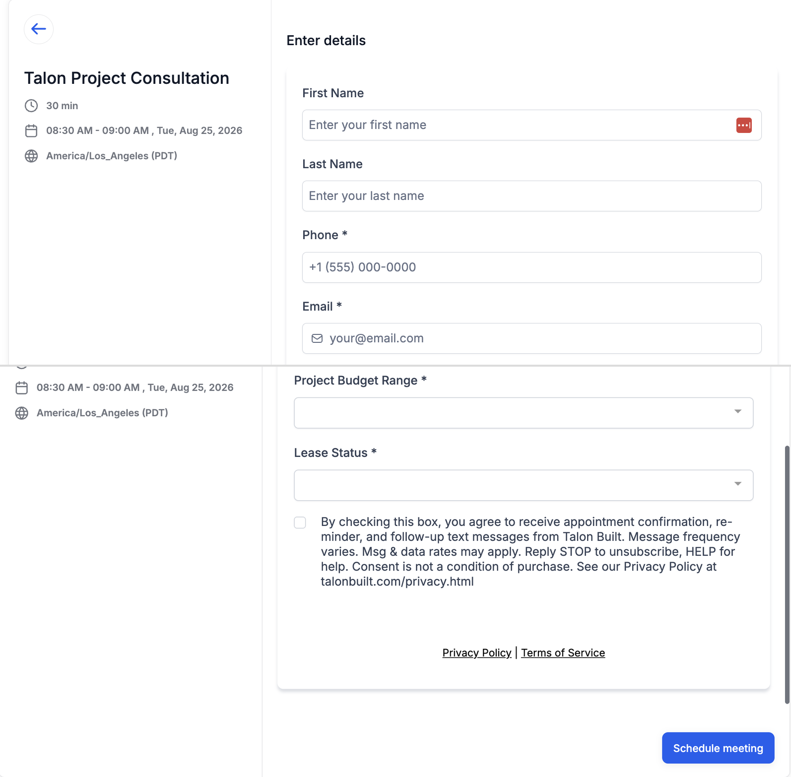 Talon Project Consultation booking form showing a required phone field and an unchecked SMS consent checkbox above the Schedule meeting button.