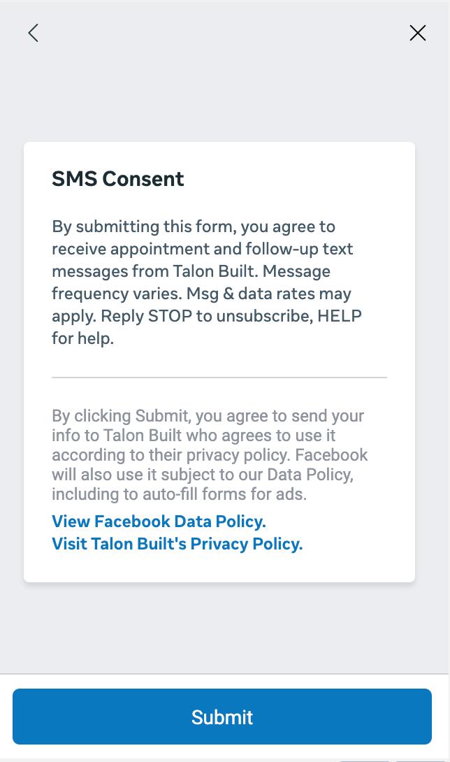 SMS Consent screen on the Talon Built lead form, showing the consent language above the Submit button.